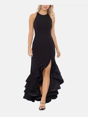 Betsy & Adam Black Halter High-Low Ruffle Evening Gown